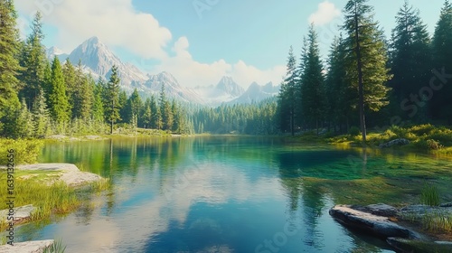 Tranquil alpine lake reflects the majesty of snow capped peaks amidst a serene pine forest under a crystal blue sky in