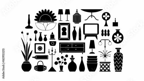A collection of various household objects in black silhouette including furniture lighting and decorations |  editable eps vectors