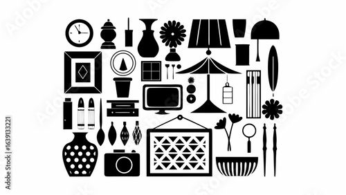 Collection of various household objects in black silhouette on a white background style illustration |  editable eps vectors