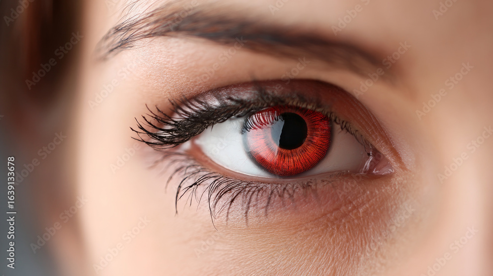 Obraz premium Beautiful, unusual, bright eye close-up with details of light blue iris. Ophthalmologist, buying glasses and optics, advertising vision