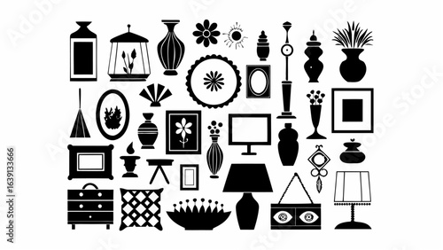 Collection of various decorative objects and furniture in black silhouette on a white background design art |  editable eps vectors