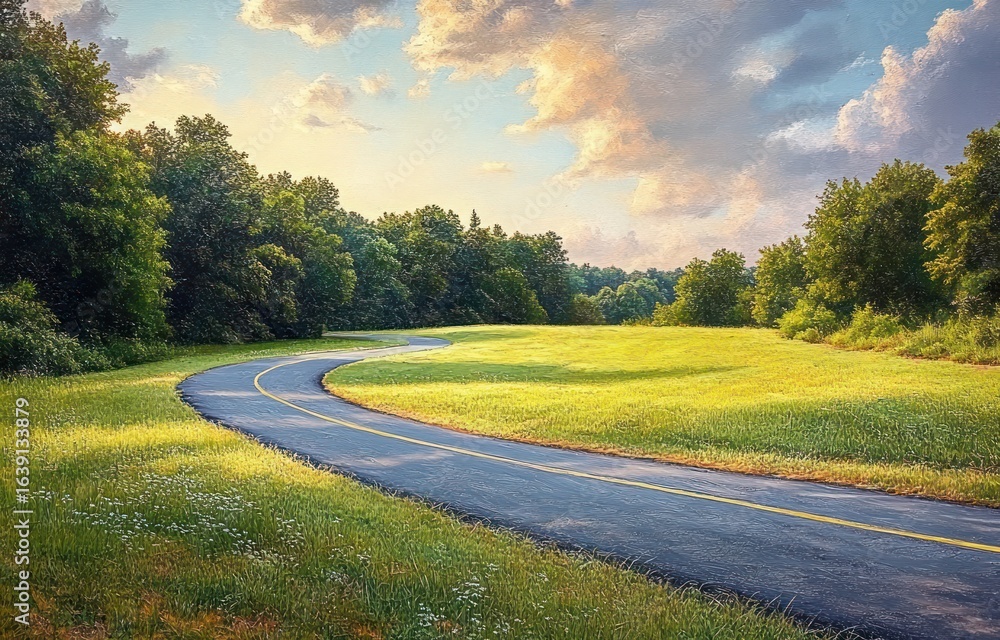 Naklejka premium Curving paved pathway through lush green meadow bordered by dense trees under a partly cloudy sky during golden hour