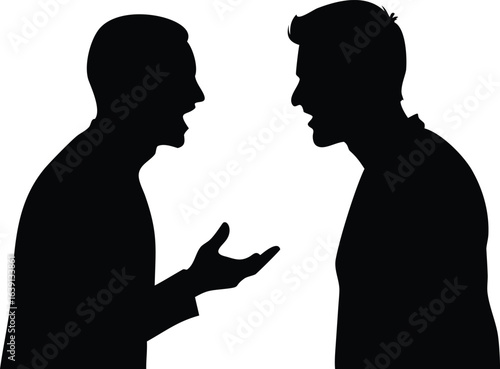 Silhouette of Two Men Arguing and Gesturing in Black and White Background