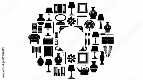 Illustration of an oval shape made of various home decor items such as lamps vases and furniture pieces art |  editable eps vectors silhouette