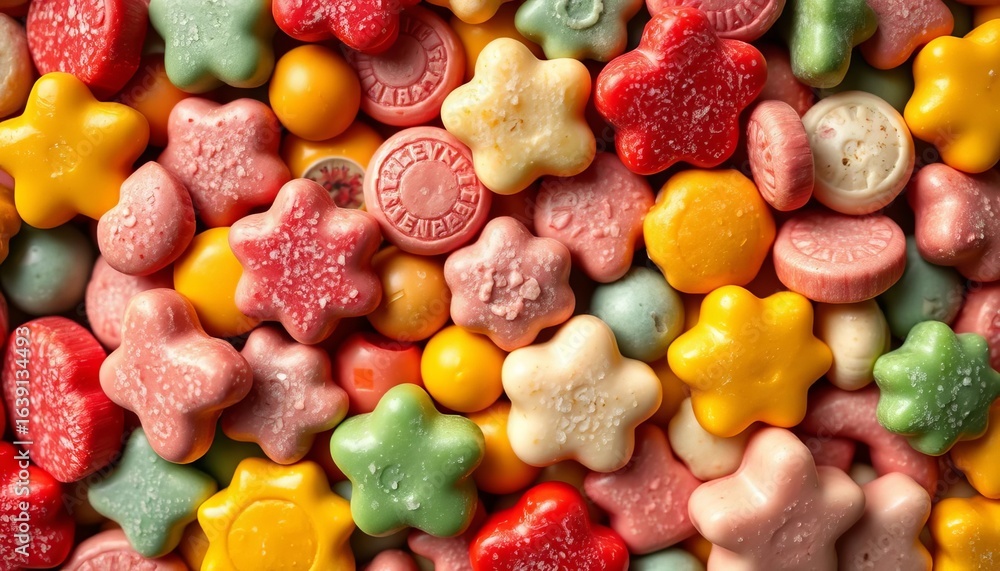 Artisanal marzipan candies, various shapes and colors, overhead shot, detail, sweets Artisanal marzipan candies, various shapes and colors, overhead shot, detail, sweets