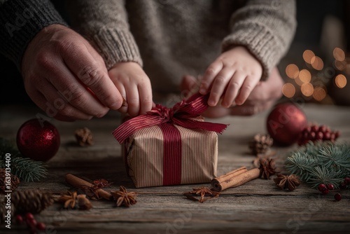 child and adult hands tying red ribbon on christmas gift box at rustic wooden table with pine branches, cinnamon sticks, berries, and warm holiday decor, concept of festive bakery