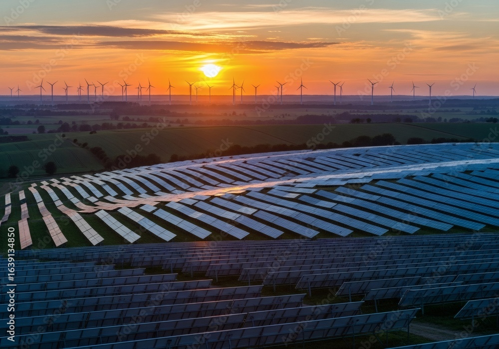 Obraz premium Solar farm and wind turbines at sunset