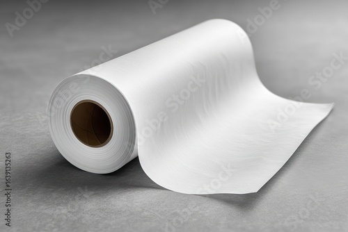 A large roll of white paper partially unrolled on a grey surface with soft lighting highlighting its smooth texture