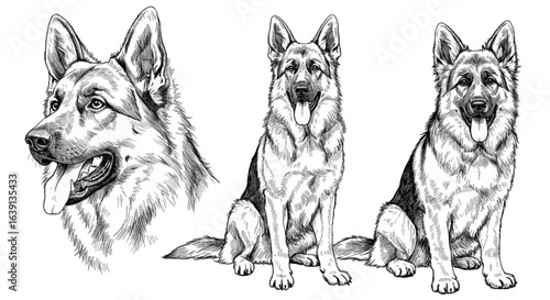 Vector art of german shepherd dog portrait and full body sketches isolated on white background