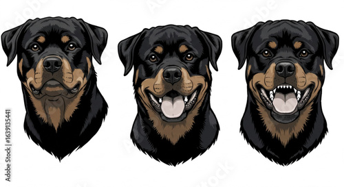 Vector art of three rottweiler dog heads with different facial expressions on white background