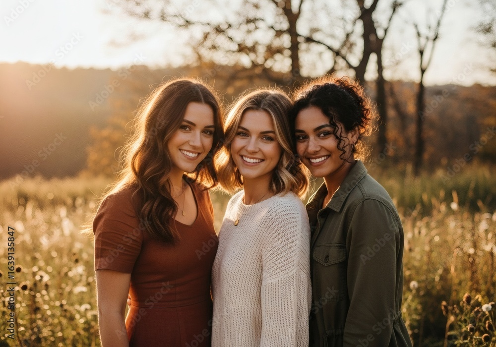 Fototapeta premium Three women smiling in a field at sunset