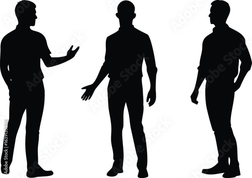 Three Businessmen Silhouettes in Conversation Black and White Illustration for Design Projects