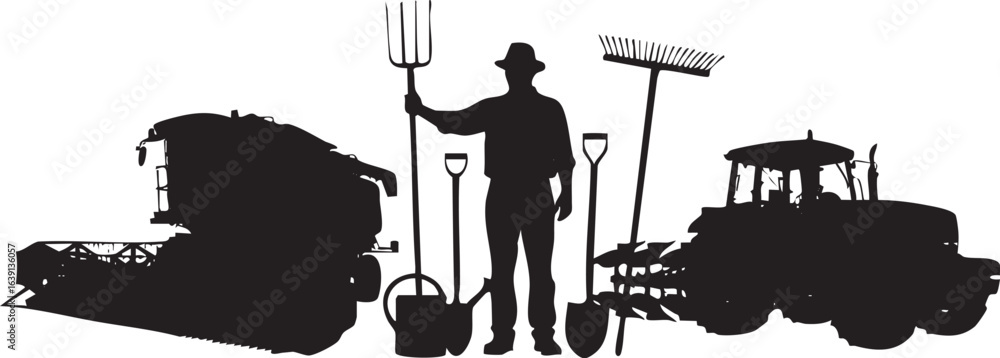 Fototapeta premium isolated need farmer uses kinds of working equipment set silhouette on white background