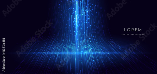 Futuristic glownig blue vertical lines with lighting effect and sparkle on dark blue background.