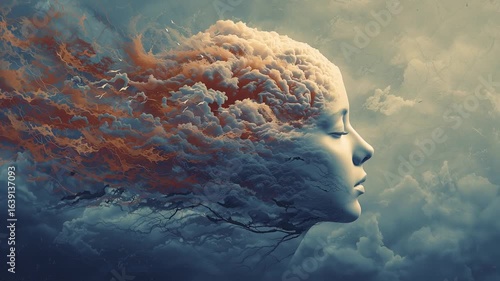 A surreal portrait of a serene face dissolving into a swirl of clouds and fiery hues, symbolizing the intricate chaos and beauty of the brain during a seizure