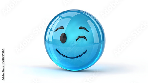 3D Shiny Blue Glass Sphere Emoji with Playful Winking Face Isolated on White Background
