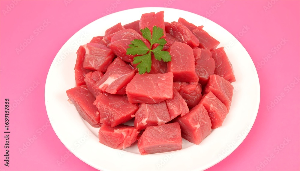 Freshly Cut Raw Beef Cubes on White Plate with Parsley, Pink Background Freshly Cut Raw Beef Cubes on White Plate with Parsley, Pink Background