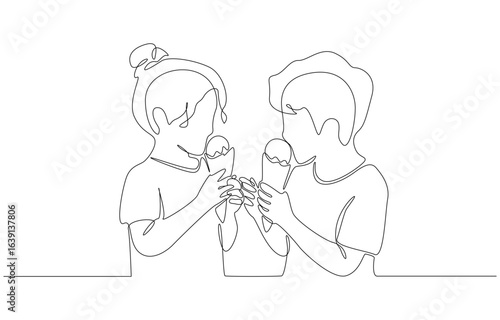 Continuous one line drawing of two children sharing ice cream cones, childhood and friendship concept, single line art