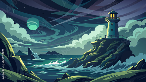 Phantom lighthouse rises from rocky cliff, waves crashing below. Dim lantern light pierces darkness, semi-realistic vector style, eerie maritime scene, crumbling walls, haunted legend aura, chilling w