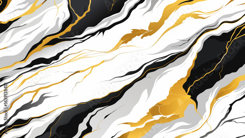 Vector art of elegant abstract background with swirling veins of gold and black on a white marbled surface, evoking luxury and sophistication
