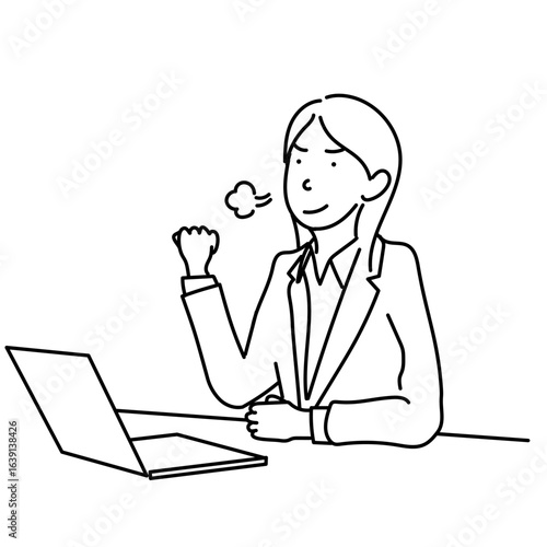 パソコン作業を終えてガッツポーズする女性ビジネスパーソンのベクター線画イラストレーション