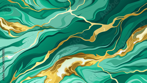 Vector art of abstract swirling green and gold liquid marble texture with flowing waves and elegant metallic lines, a luxurious and dynamic background