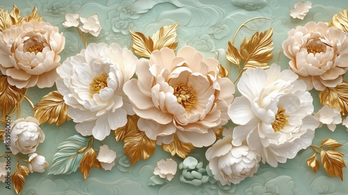 3D design of a luxurious floral pattern in white and gold tones