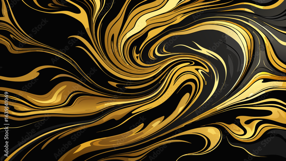 Fototapeta premium Vector art of abstract swirling black and gold liquid marble texture with fluid motion, luxurious and elegant background for design and branding