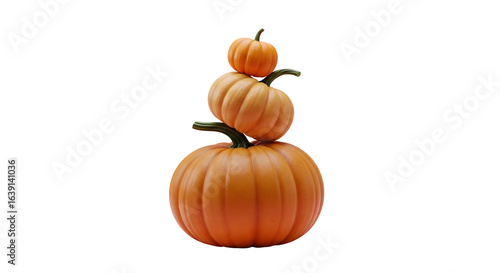 A stack of three pumpkins of varying sizes on top of each other against a black background scene view