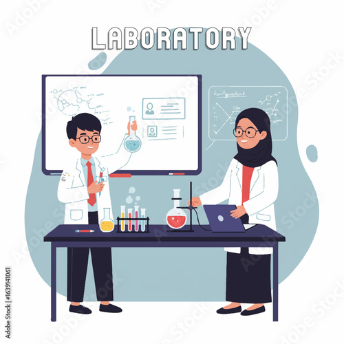 Two Professional Scientists Conducting Advanced Research Experiments in Modern Laboratory with Digital Equipment and Chemical Analysis Tools