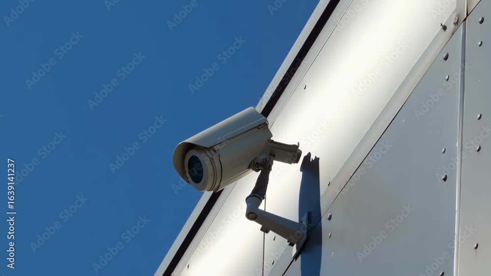 Security camera mounted on a building exterior Security camera mounted on a building exterior