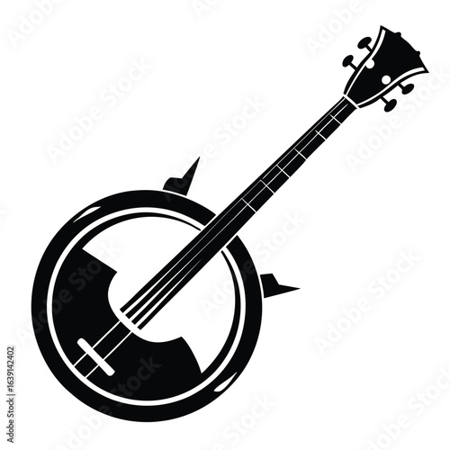 Detailed Black and White Banjo Illustration Musical Instrument Country and Folk Music Style Traditional Design Clawhammer Instrument