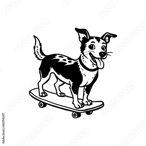 A cartoon dog with black and white markings happily rides a skateboard, tongue hanging out, in a playful illustration.