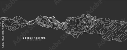 Contour mountain landscape. Waved line art. Abstract minimal topographic map. Contour lines with elevations and terrain depth. Vector illustration.