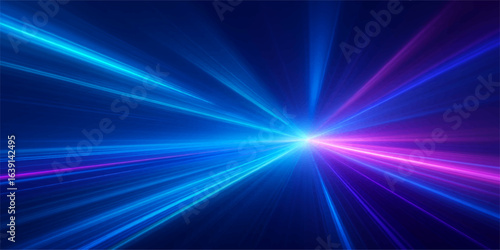 A blue abstract design bursts with bright, glowing laser light rays in the night sky