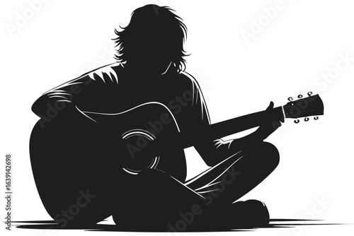 Silhouette of a Person Playing Guitar in a Relaxed Position Artistic Depiction of Music and Leisurely Pursuits in Black and White