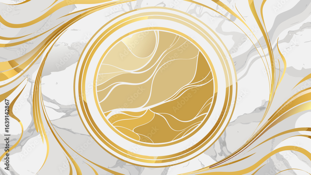 Obraz premium Vector art of luxurious white and gold abstract marble background with a swirling pattern and a central golden circle, conveying elegance and opulence