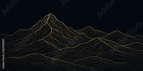 A mountain landscape at sunset with a spider web pattern and dew drops on it