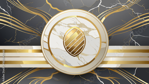 Vector art of abstract luxurious golden marble emblem with intricate patterns and a central polished gold oval, evoking a sense of premium elegance and timeless design