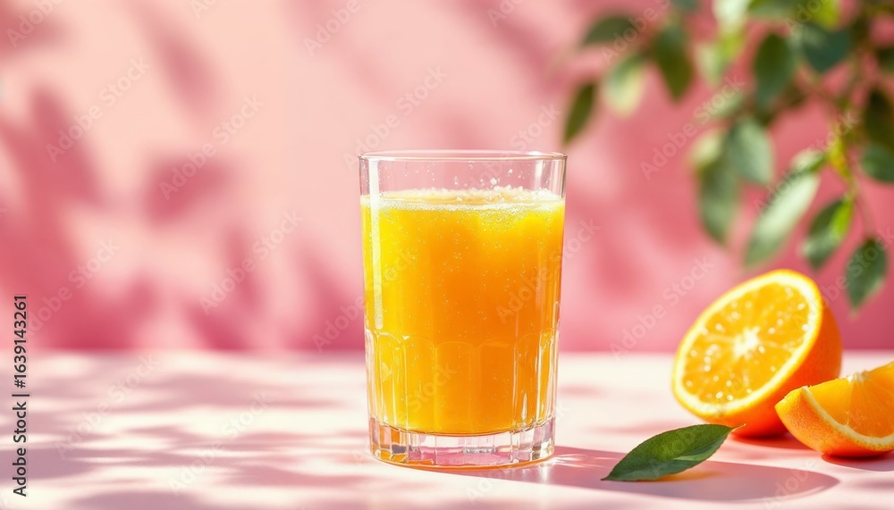 Fototapeta premium Fresh Orange Juice in Glass on Sunlit Pastel Pink Background for Wellness