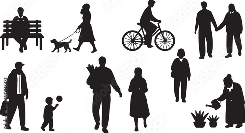 Silhouettes of people enjoying outdoor activities and daily life on white background