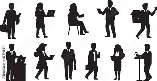 Diverse business people silhouettes engaged in various activities on white background