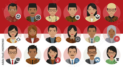 A collection of illustrated portraits of Indonesian professionals from various fields against a red and white background.