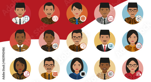 A collection of illustrated portraits of Indonesian professionals from various fields against a red and white background.
