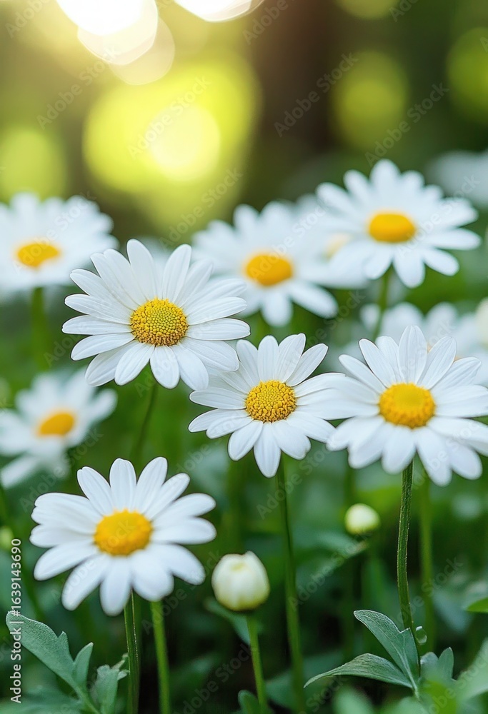 Obraz premium Close-up view of fresh white daisies with yellow centers blooming in a green garden under soft sunlight