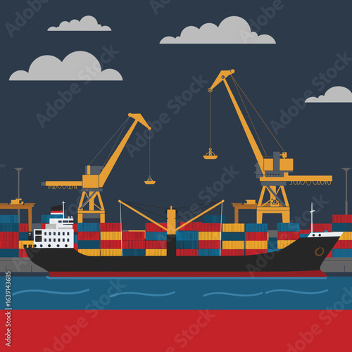  A large container ship docked at a port with cranes and the Indonesian flag.