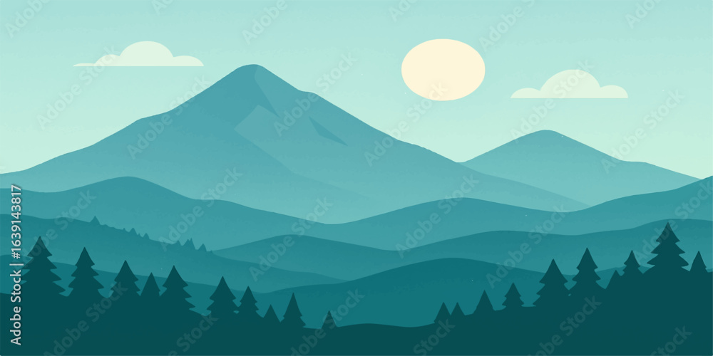 Naklejka premium A serene mountain landscape at sunrise, with a misty forest and dramatic clouds in the sky