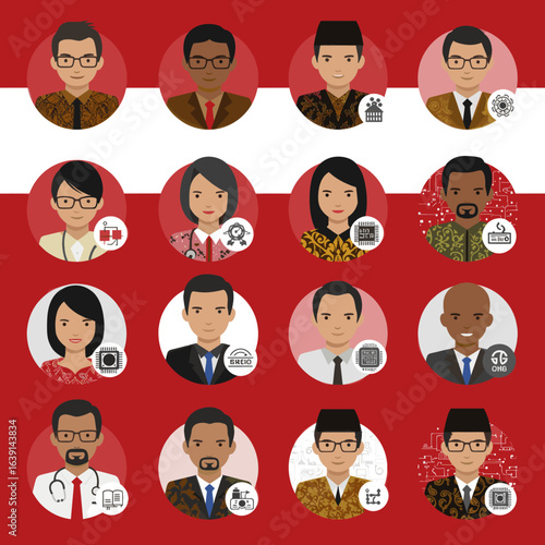 A collection of illustrated portraits of Indonesian professionals from various fields against a red and white background.