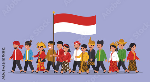  A group of people in traditional clothing marching with the Indonesian flag.