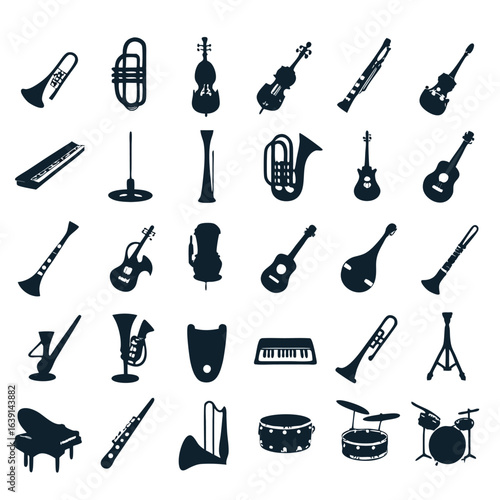 A Diverse Symphony of Silhouettes Musical Instruments Arranged in Harmonious Composition An Orchestral Ensemble